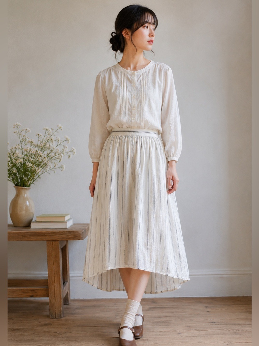 Japanese Cottagecore Hi Low Stripe Midi Skirt Elastic Waist Mori Girl